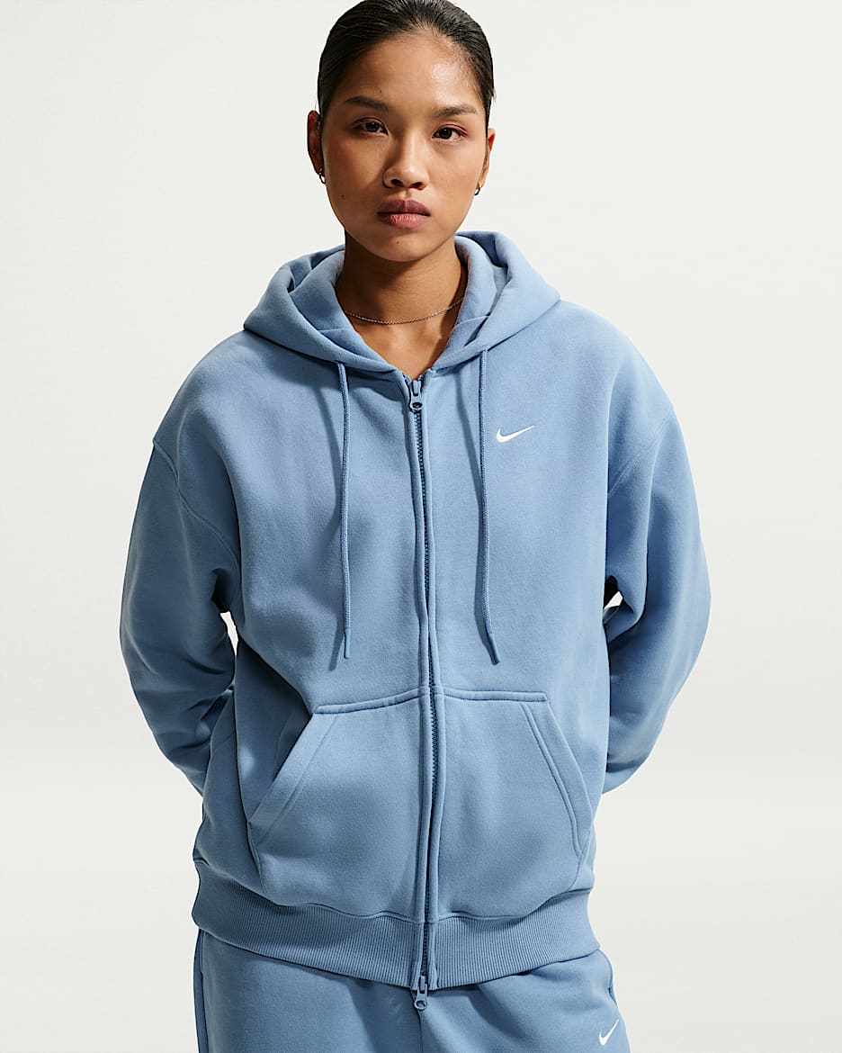 Nike Studio Fleece Medium Weight 耐克廓系卫衣系列女子 Oversize 风中克重加绒全长拉链开襟连帽衫 - 工作蓝/帆白