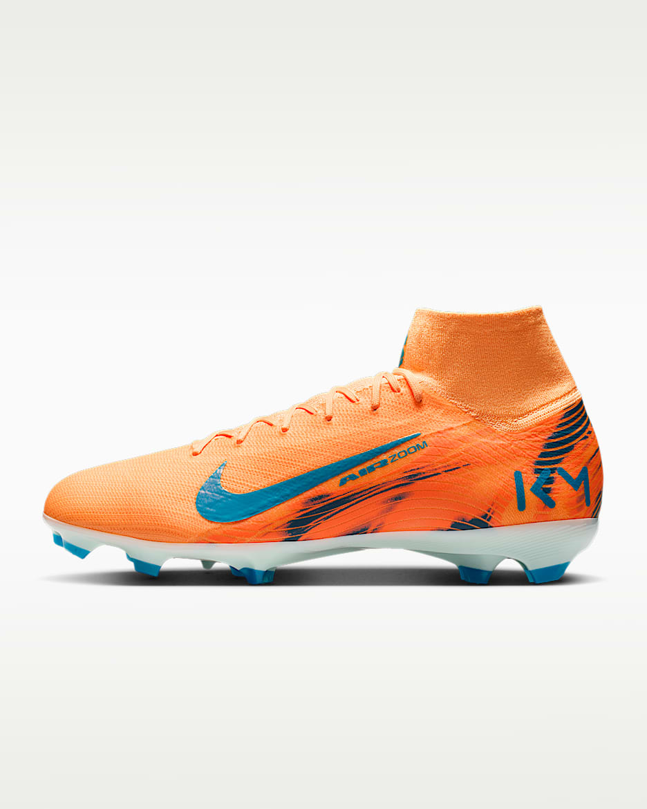 Nike Mercurial Superfly 10 Pro "Kylian Mbappé" 耐克刺客系列姆巴佩男/女 FG 天然硬质草地高帮足球鞋 - 浅甜瓜橙/伊格鲁蓝/孔雀蓝