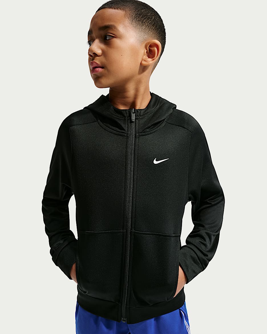 Nike Therma-FIT 大童(男孩)加绒全长拉链开襟连帽衫 - 黑/白色