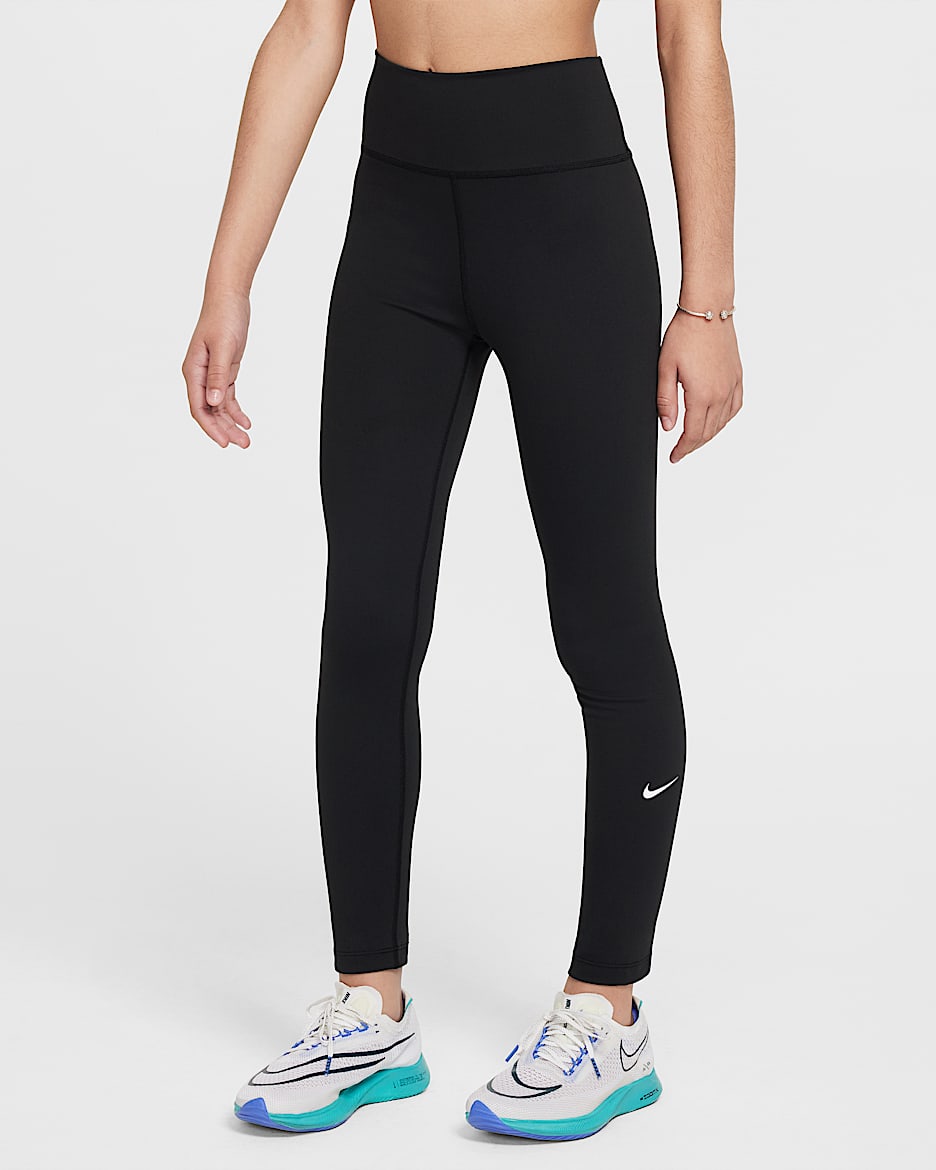 Nike One Dri-FIT 大童(女孩)速干高腰紧身裤 - 黑/白色