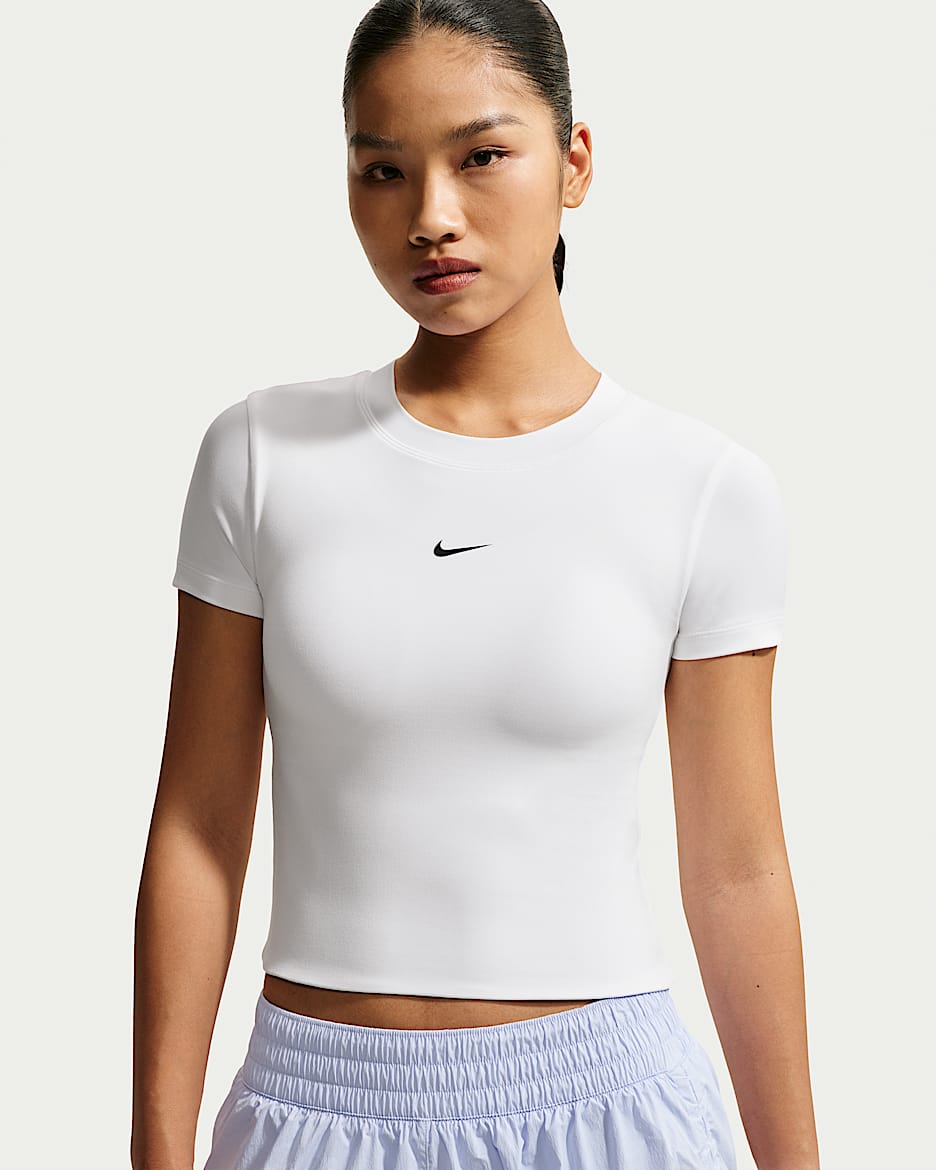 Nike One Dri-FIT 女子速干低强度支撑衬垫运动内衣式短袖上衣 - 白色/黑