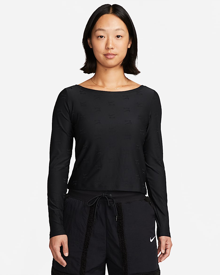 Nike Air 女子整版提花长袖上衣 - 黑/白色