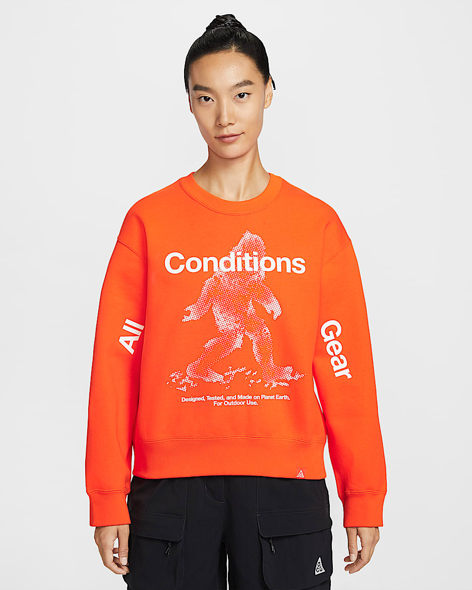 Nike ACG "Tuff Fleece" Therma-FIT 女子拒水加绒圆领运动衫 - 安全橙/山峰白/山峰白