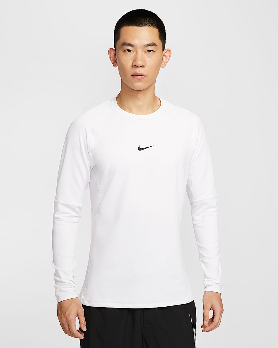 Nike Pro Warm 男子薄绒拼接速干长袖训练上衣 - 白色/黑
