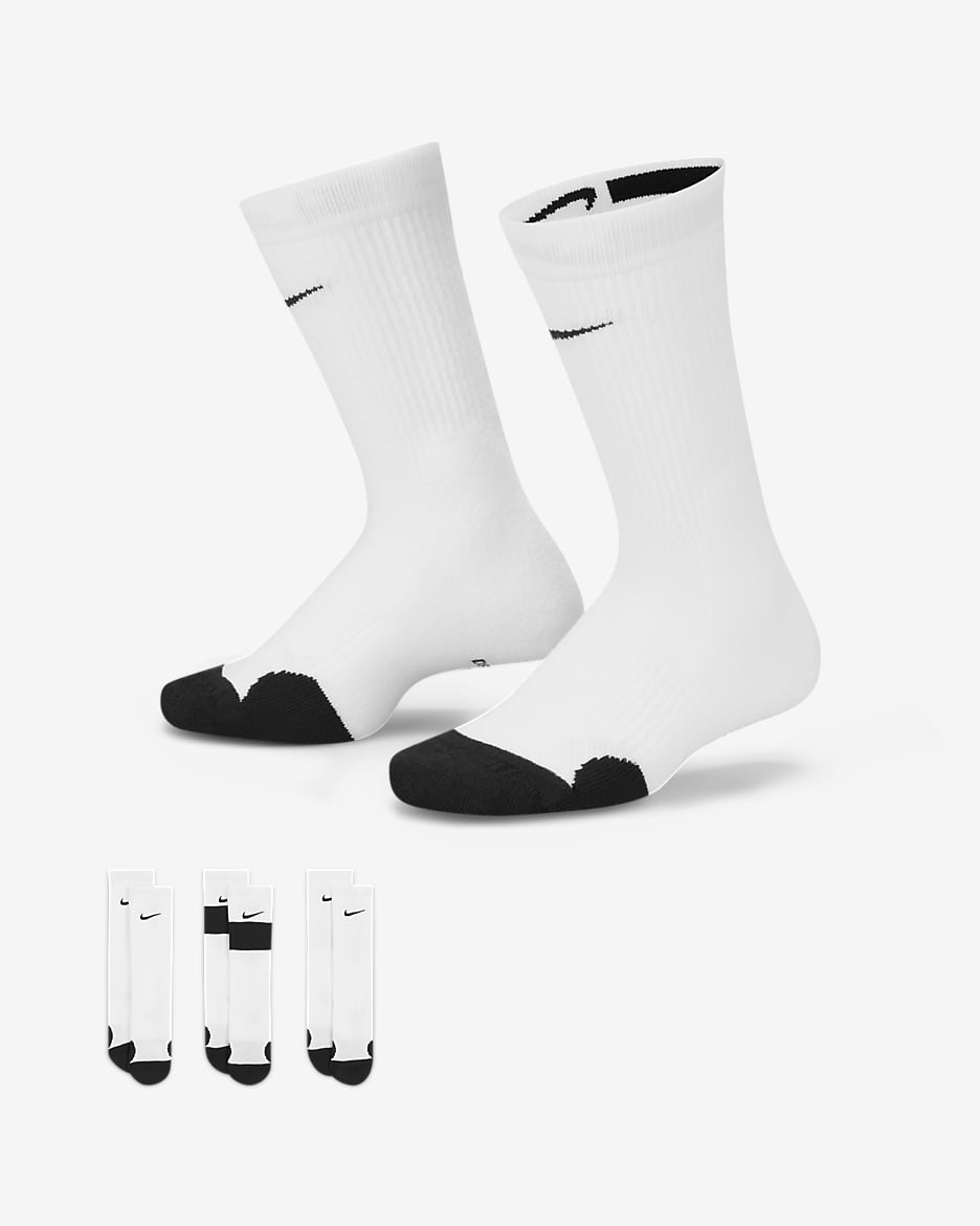 Nike Elite 大童速干中筒篮球袜（3 双） - 白色/黑