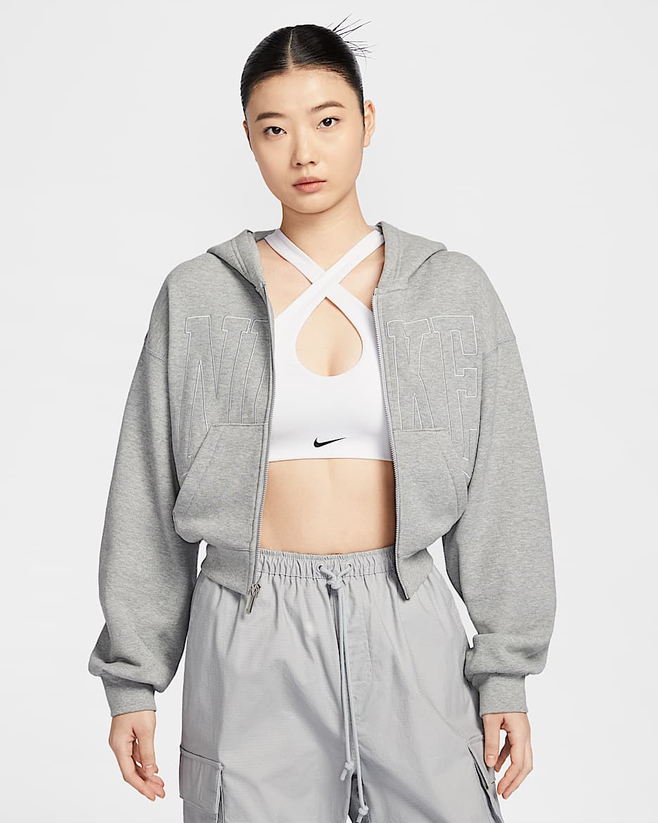Nike Sportswear 女子法式毛圈全长拉链开襟短款连帽衫 - 调色暗灰/浅烟灰