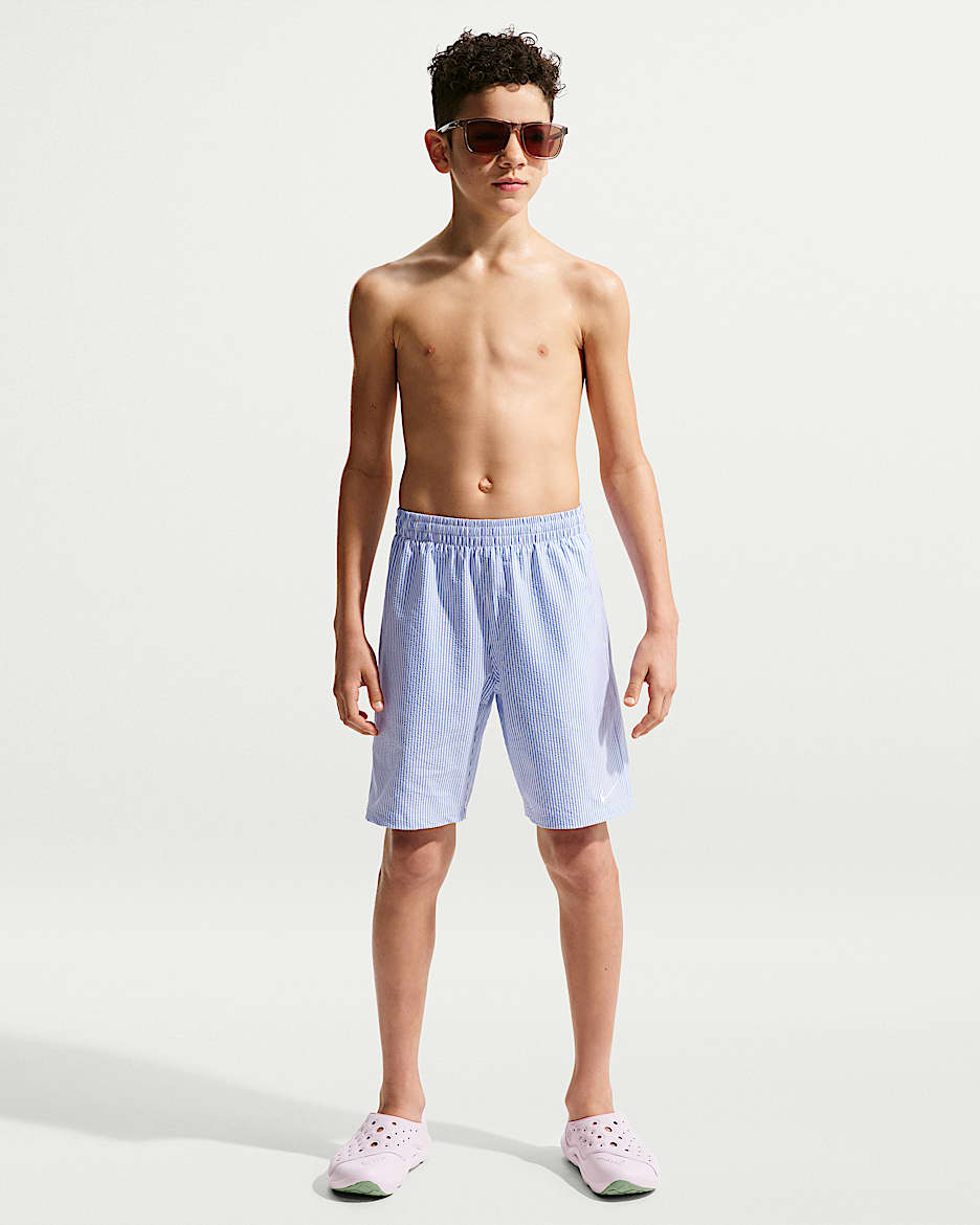 Nike Swim Breaker 大童（男孩）波纹纹理沙滩短裤（含衬裤） - 水晶蓝/白色/白色/白色
