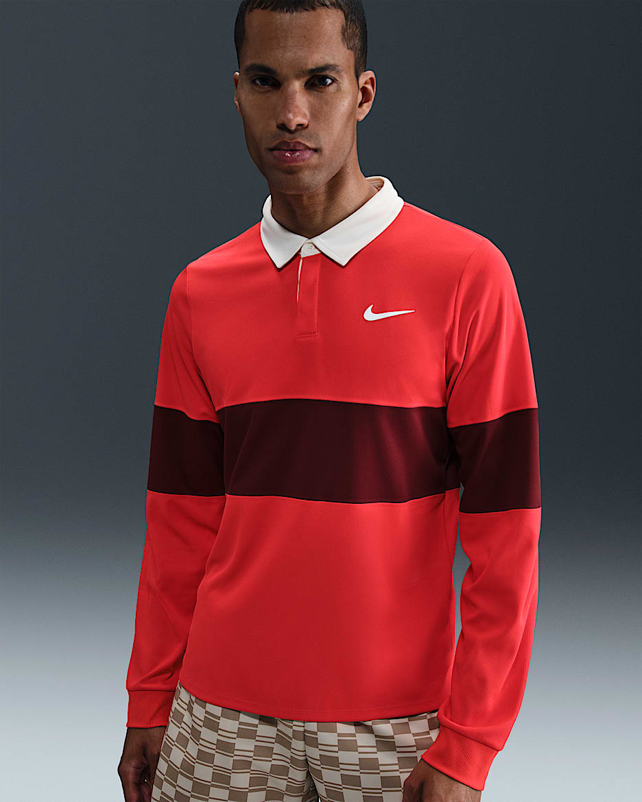 NikeCourt Slam Dri-FIT ADV 男子速干网球长袖翻领T恤 - 浅深红/暗队红/白色