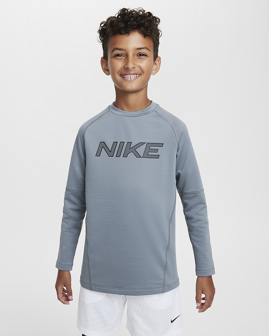 Nike Pro Dri-FIT 大童（男孩）速干薄绒轻微加厚长袖训练上衣 - 烟灰/黑