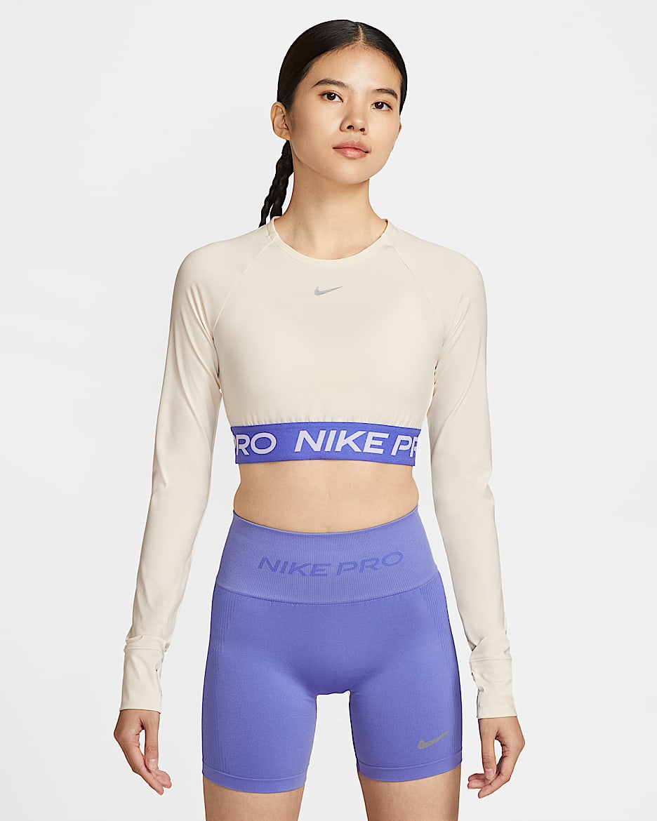 Nike Pro Dri-FIT 女子速干紧身短款长袖训练上衣 - 淡象牙白