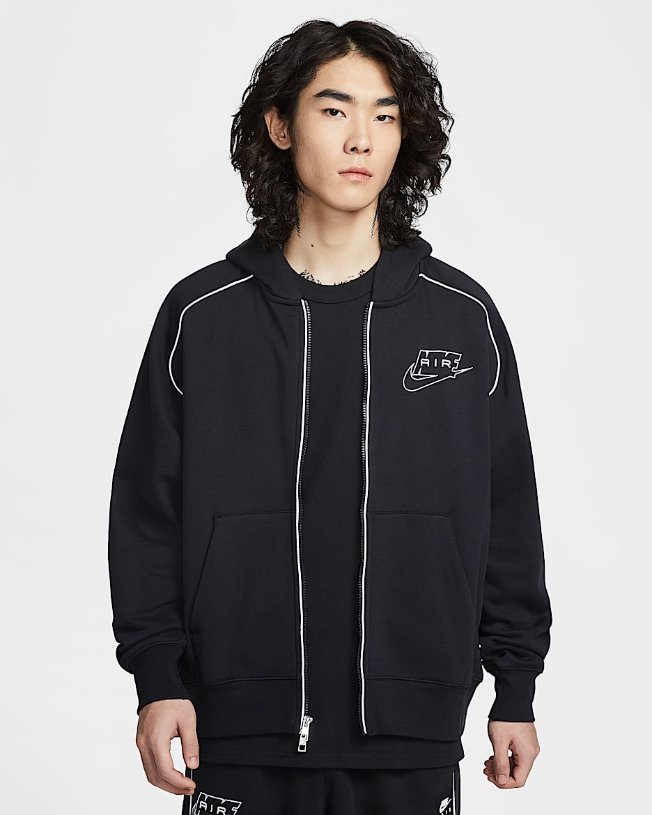Nike Air 男子全长拉链开襟加绒连帽衫 - 黑/白色/白色