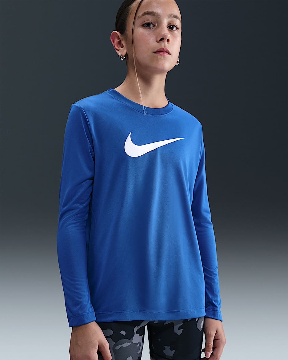Nike Legend Dri-FIT 大童透气速干长袖T恤 - 游戏宝蓝/白色