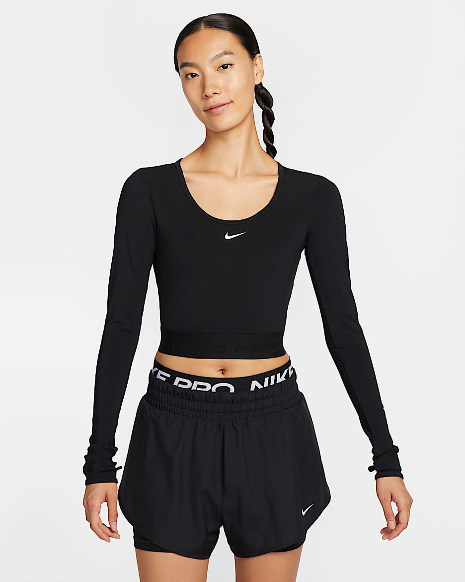 Nike Pro Dri-FIT 女子速干短款长袖训练上衣 - 黑/煤黑/白色
