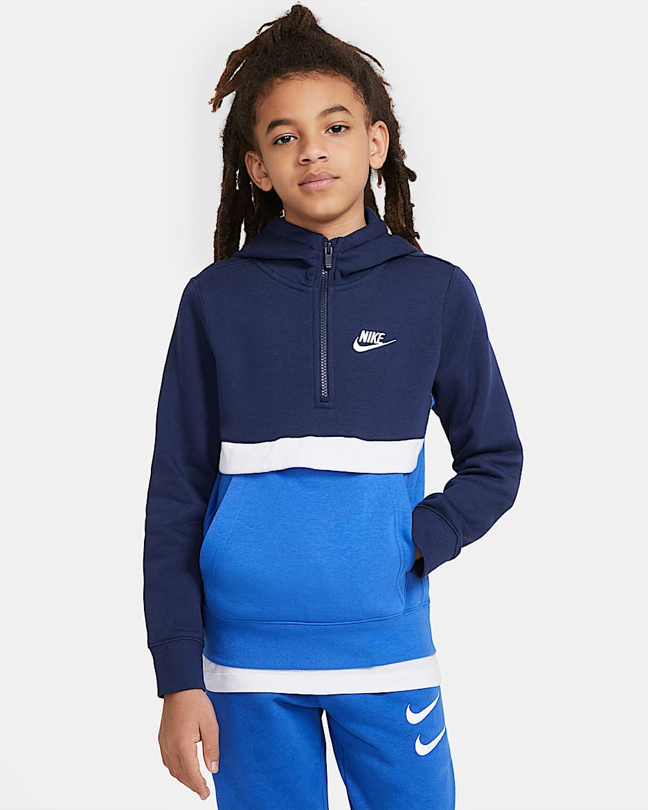 Nike Sportswear Club 大童（男孩）半长拉链开襟连帽衫 - 深藏青/游戏宝蓝/深藏青/白色