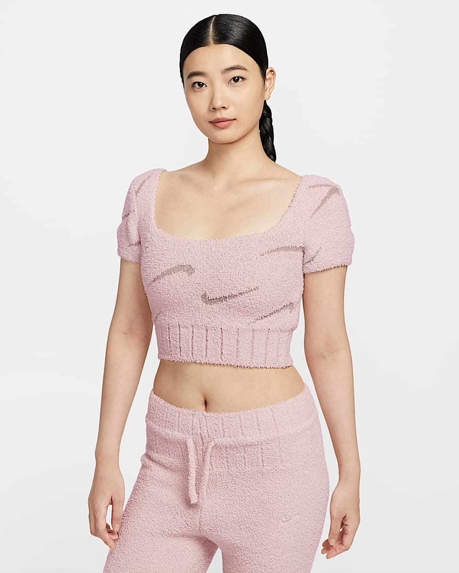 Nike Sportswear Phoenix Cozy Bouclé 女子紧身短袖短款针织上衣 - 砂岩灰粉/麦芽黄/砂岩灰粉