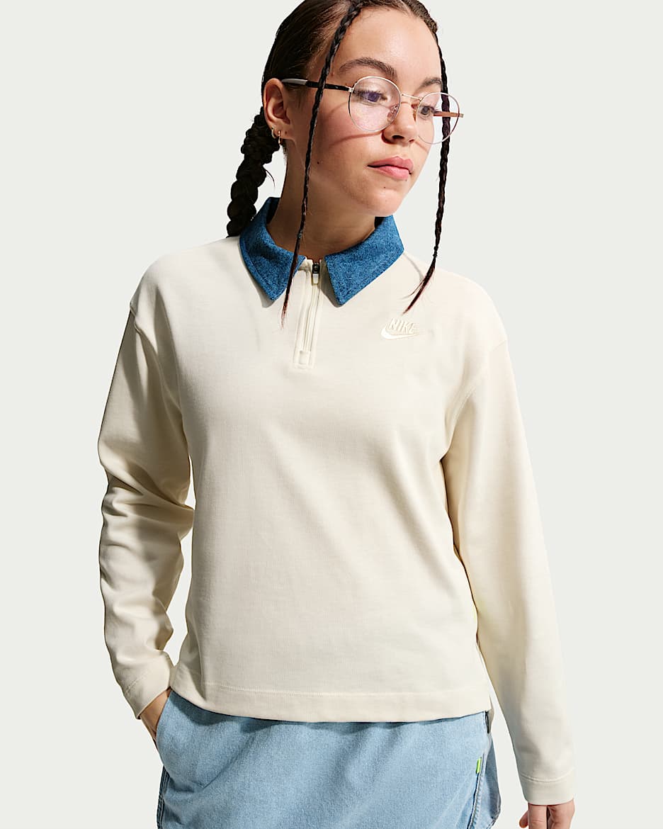 Nike Sportswear Collection 大童（女孩）长袖翻领T恤 - 珍珠灰/神秘深海蓝/珍珠灰