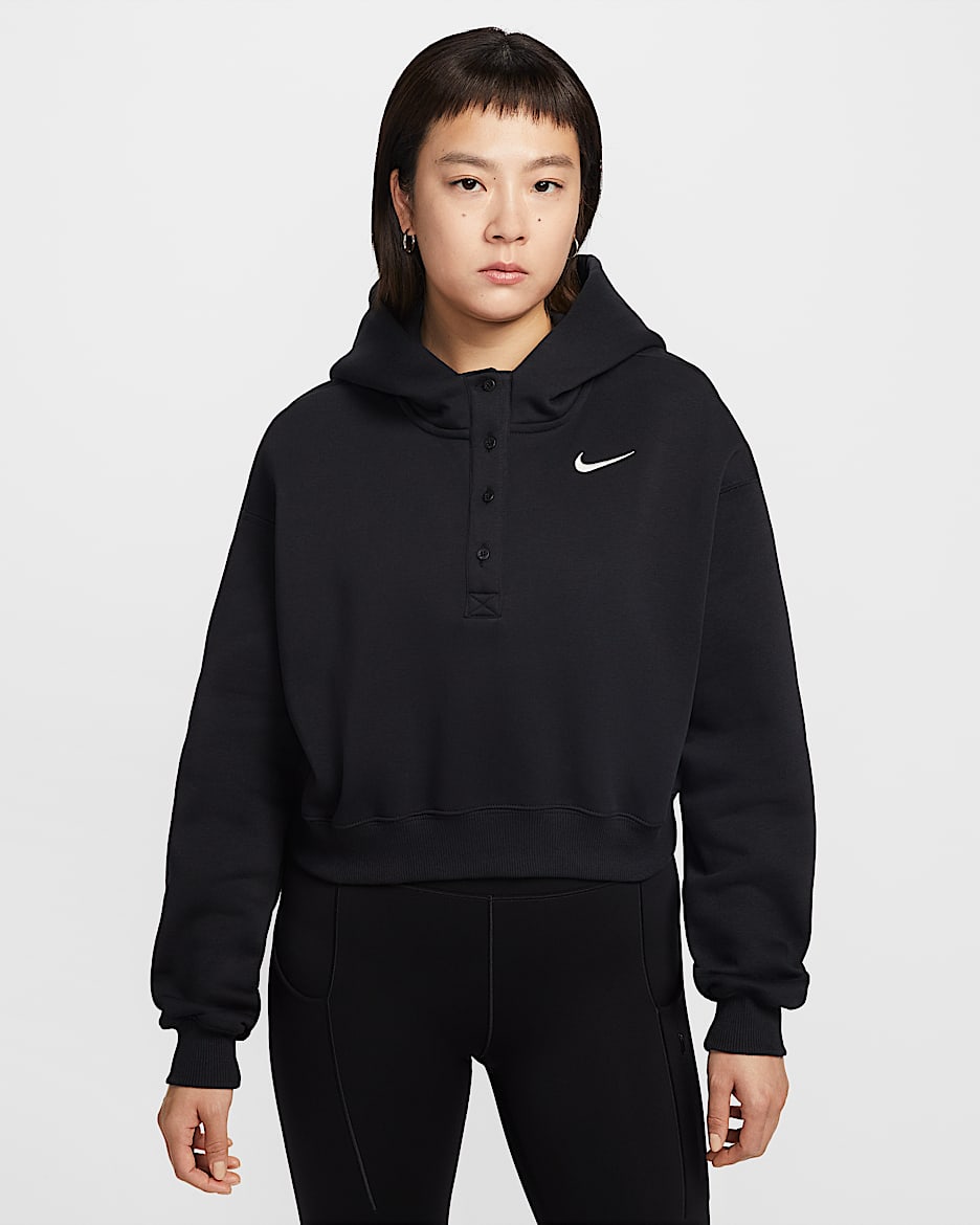 Nike Phoenix Fleece 女子 Oversize 风加绒短款连帽衫 - 黑/帆白