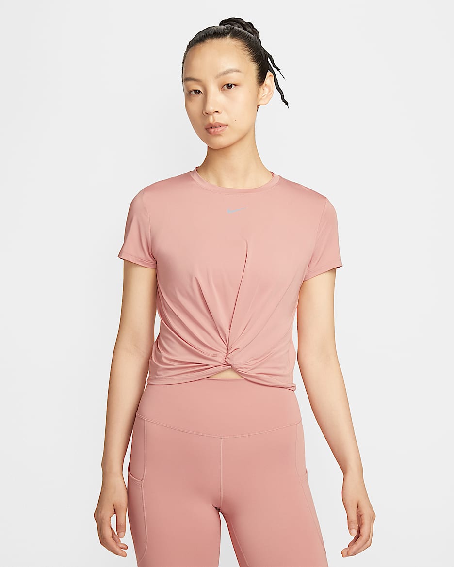 Nike One Classic Twist Dri-FIT 女子速干扭结设计短袖上衣 - 锈粉/白色