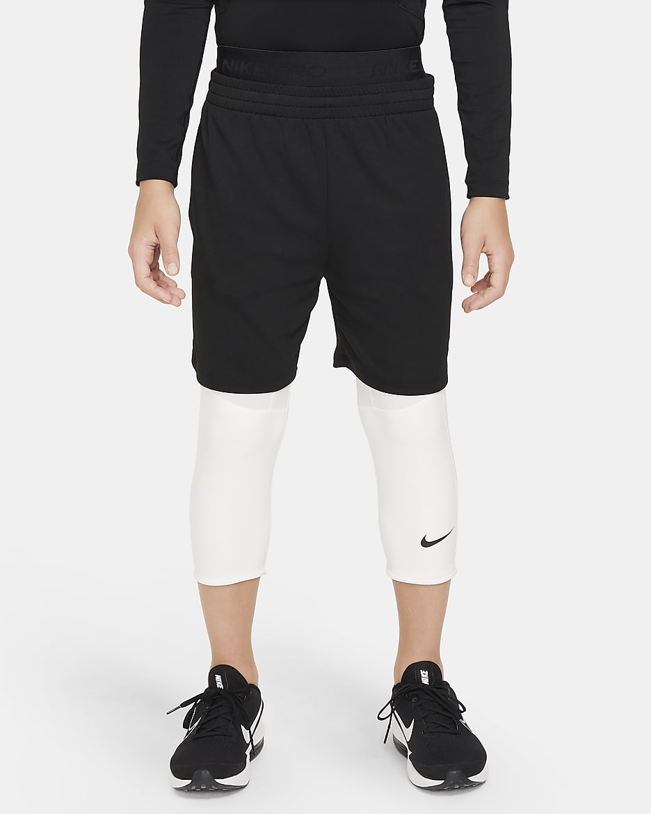 Nike Pro Dri-FIT 大童（男孩）速干训练七分紧身裤 - 白色/白色/黑