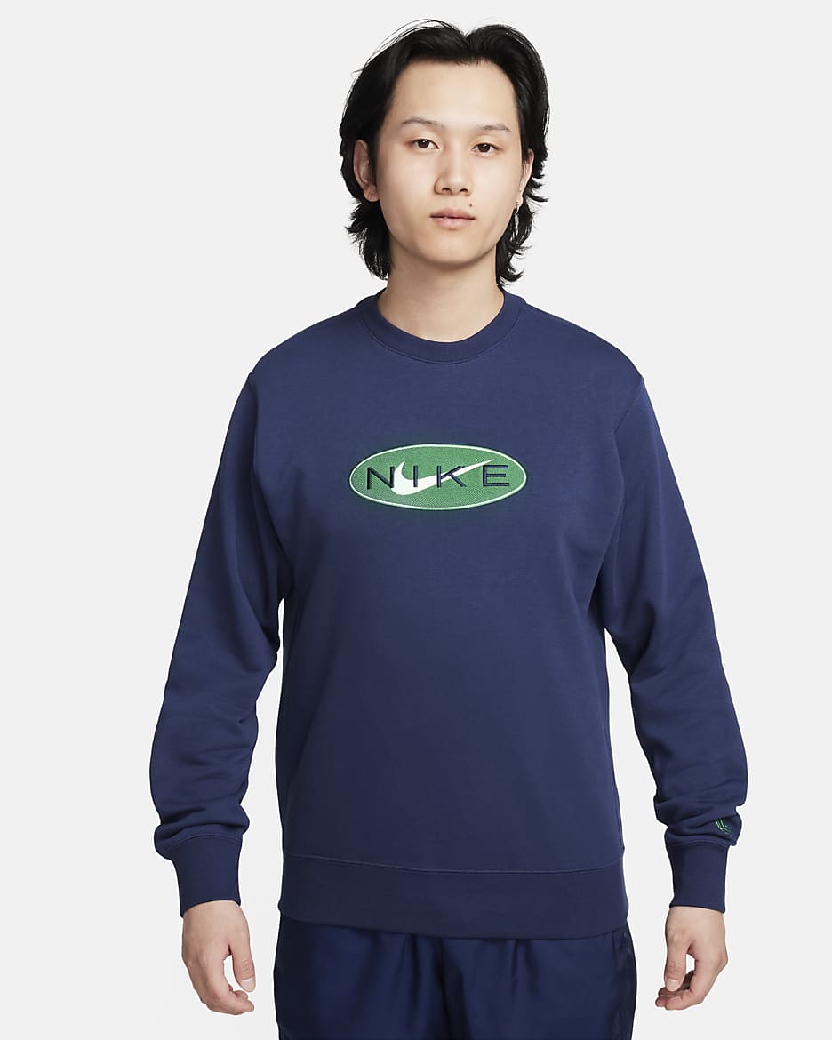 Nike Sportswear 男子复古法式毛圈圆领运动衫 Swoosh 卫衣 - 深藏青/佛得角芦荟绿/深藏青