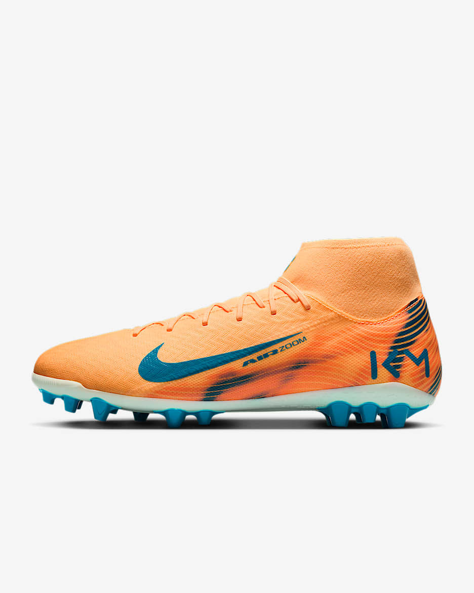 Nike Mercurial Superfly 10 Academy "Kylian Mbappé" 耐克刺客系列姆巴佩男/女 AG 人造草地高帮足球鞋 - 浅甜瓜橙/伊格鲁蓝/孔雀蓝