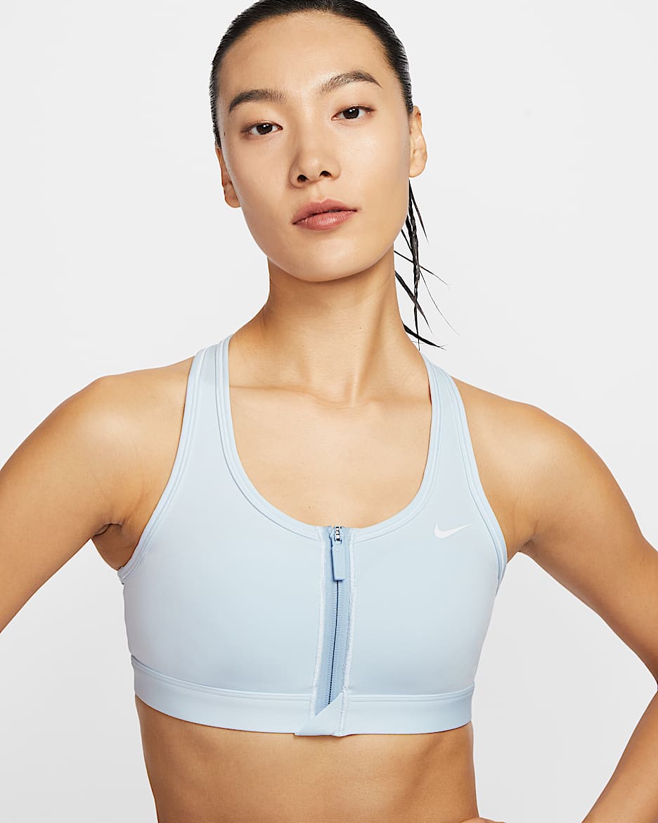 Nike Swoosh 女子中强度支撑透气速干衬垫前拉链易穿脱运动内衣 - 紫蓝/白色