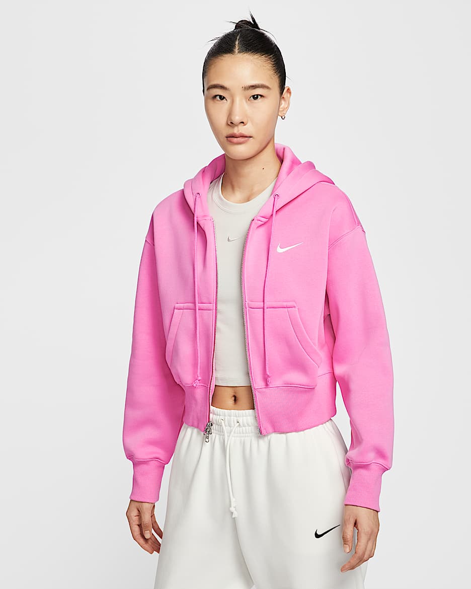 Nike Sportswear Phoenix Fleece 女子宽松全长拉链开襟短款加绒连帽衫 - 俏皮粉/帆白
