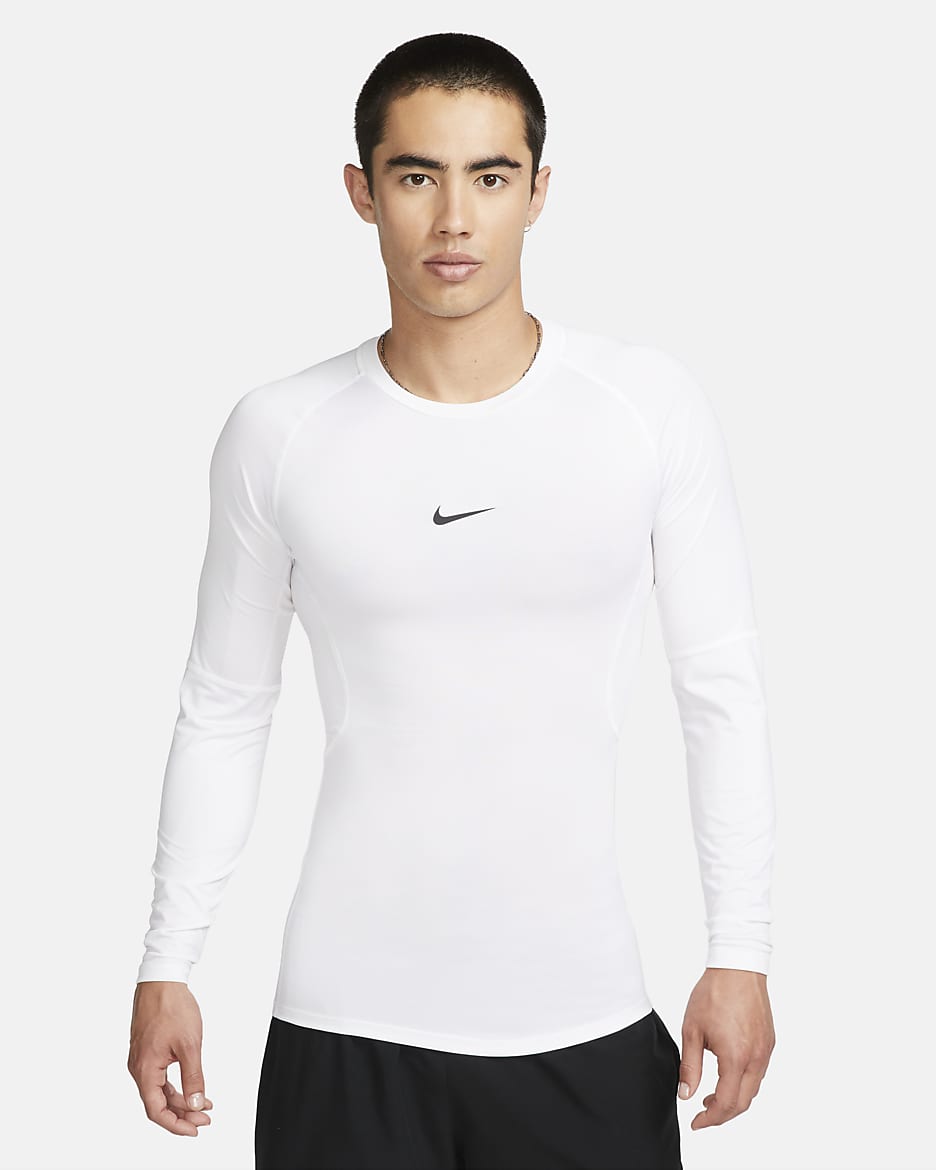 Nike Pro Dri-FIT 男子速干紧身长袖训练上衣 - 白色/黑