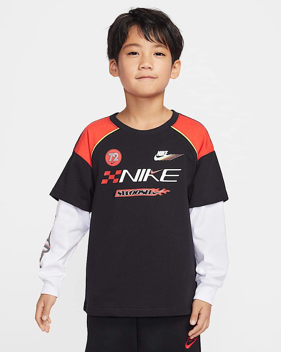 Nike Sportswear Victory Lap 幼童假两件式长袖T恤 - 黑/红色/白色/白色