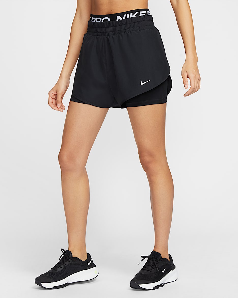 Nike Pro Dri-FIT 女子速干训练二合一短裤 - 黑/白色/白色