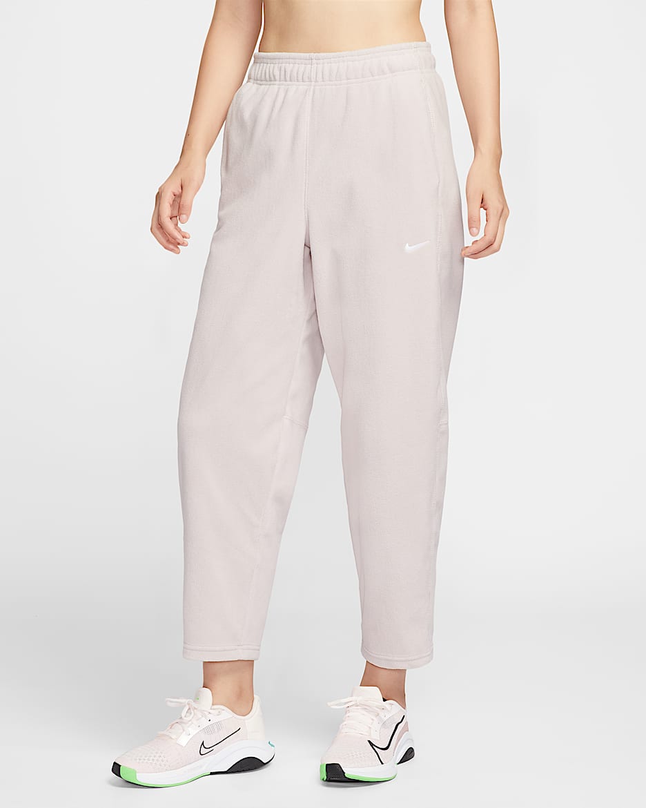 Nike One Therma-FIT 女子中腰摇粒绒长裤 - 砂岩灰粉/白色