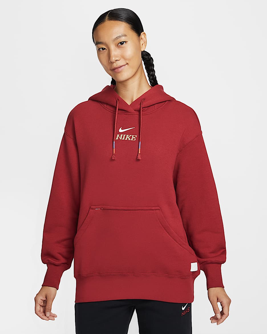 Nike Sportswear 马年限定脱缰系列新年款女子 Oversize 风套头针织连帽衫 - 深队红