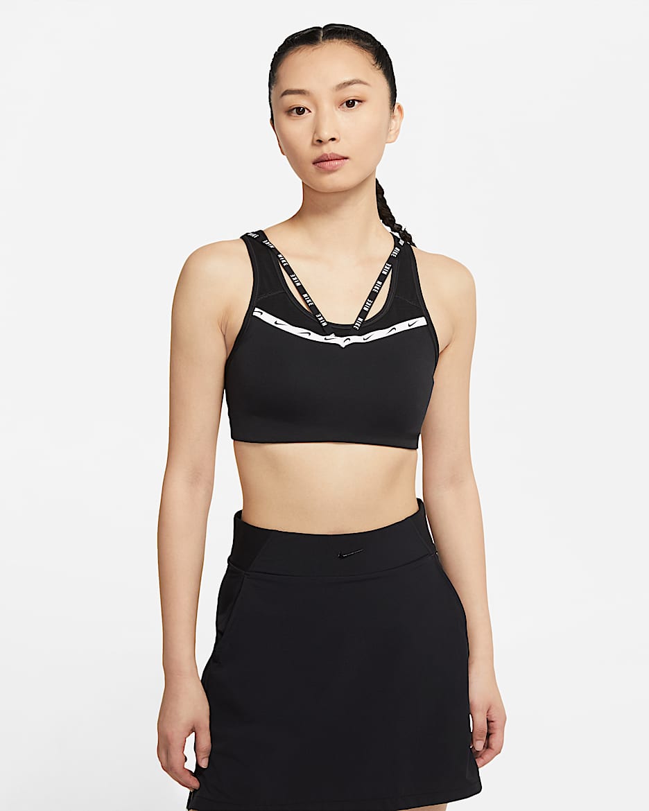 Nike Dri-FIT Swoosh Strappy 女子中强度支撑一片式衬垫运动内衣 - 黑/白色