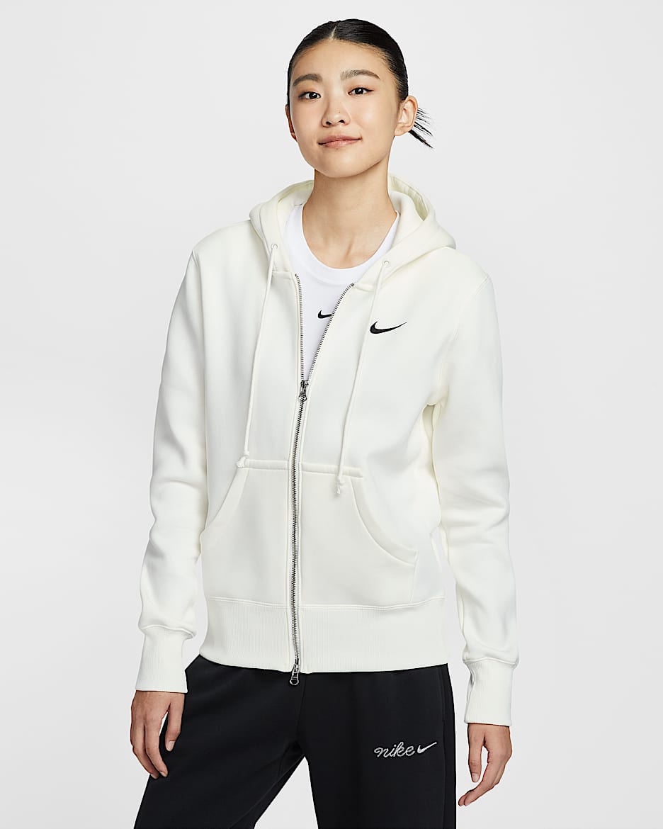 Nike Sportswear Phoenix Fleece 女子全长拉链开襟加绒连帽衫 - 帆白/黑