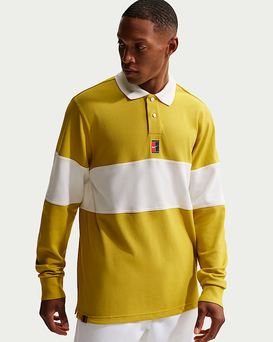 NikeCourt Heritage 男子网球长袖翻领T恤 - 石英藏红花色/帆白