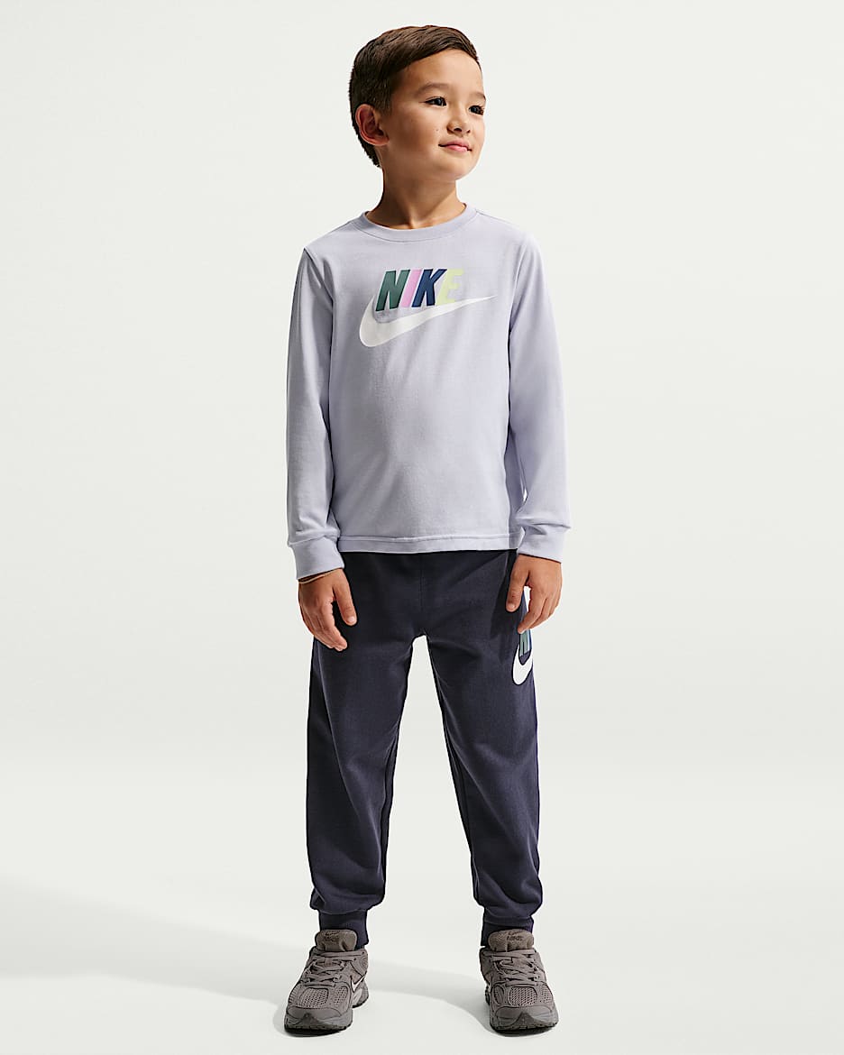 Nike 幼童长袖T恤和法式毛圈长裤套装 - 深藏青/多色/白色