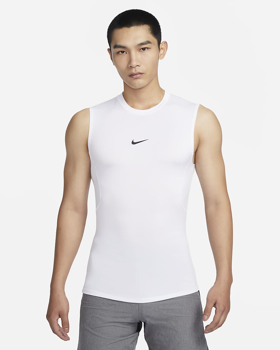 Nike Pro Dri-FIT 男子透气速干紧身无袖训练上衣 - 白色/黑