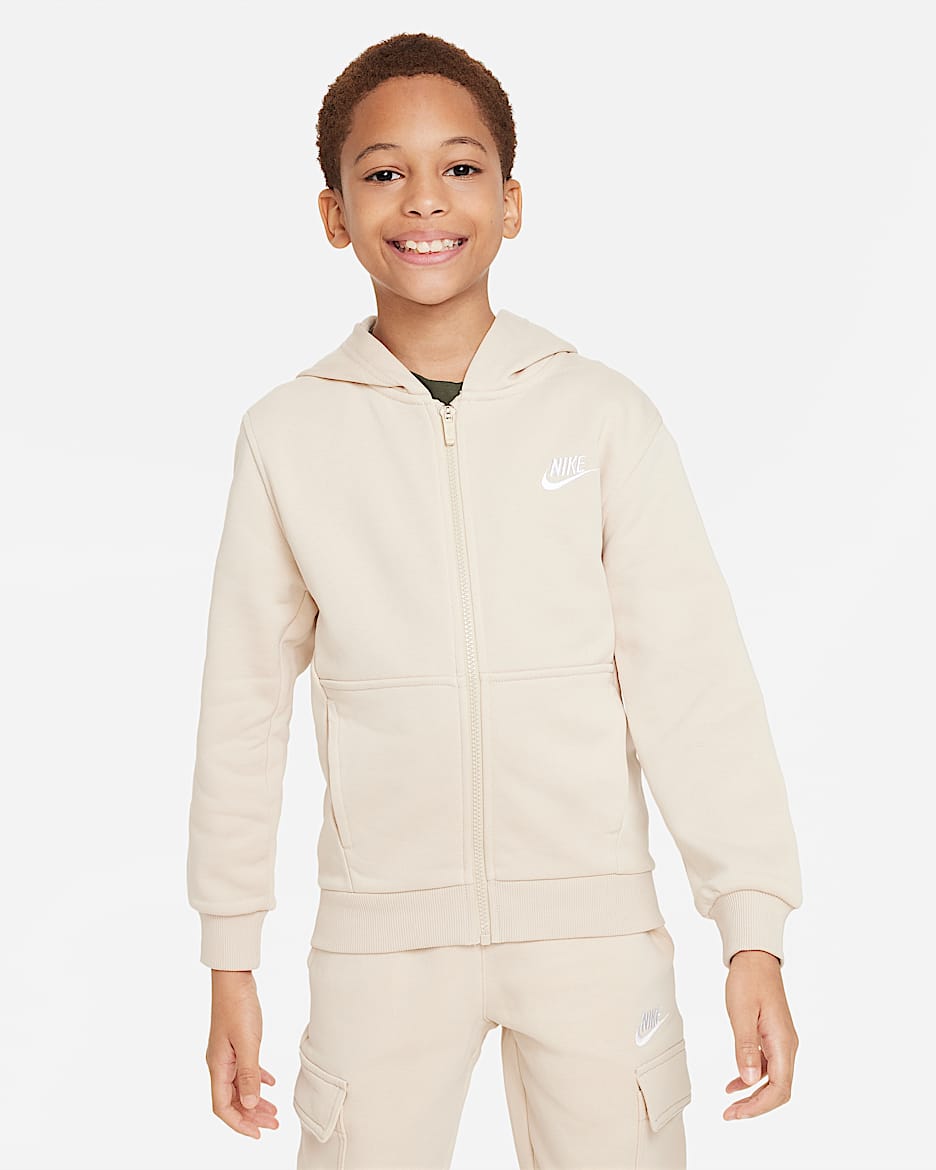 Nike Club Fleece 大童全长拉链开襟连帽衫 - 沙堆白/白色