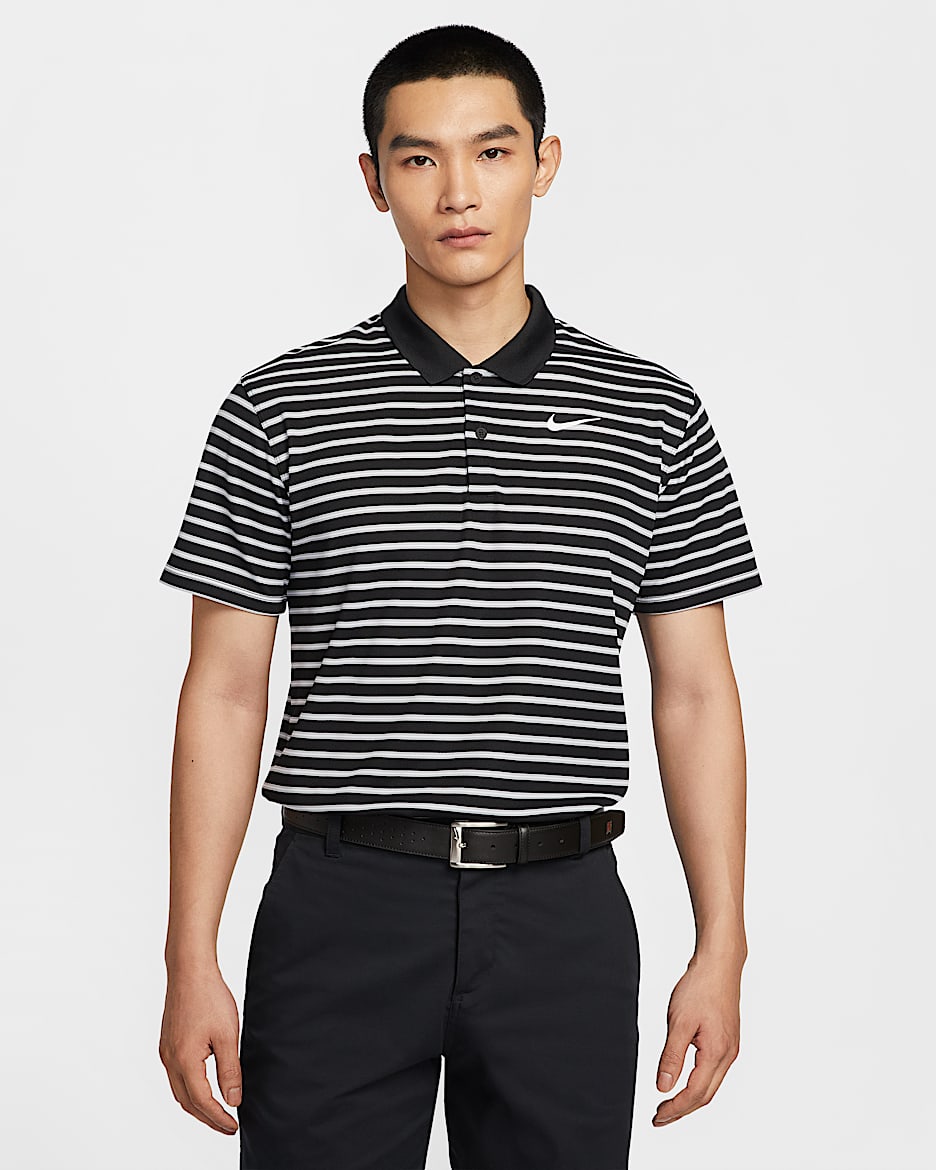 Nike Dri-FIT Victory 男子条纹速干高尔夫翻领T恤 - 黑/白色