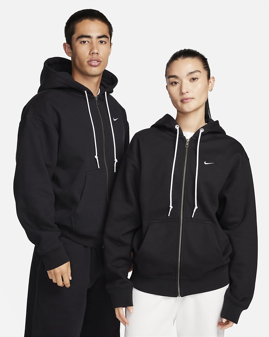 Nike Solo Swoosh 男子全长拉链开襟加绒连帽衫 - 黑/白色