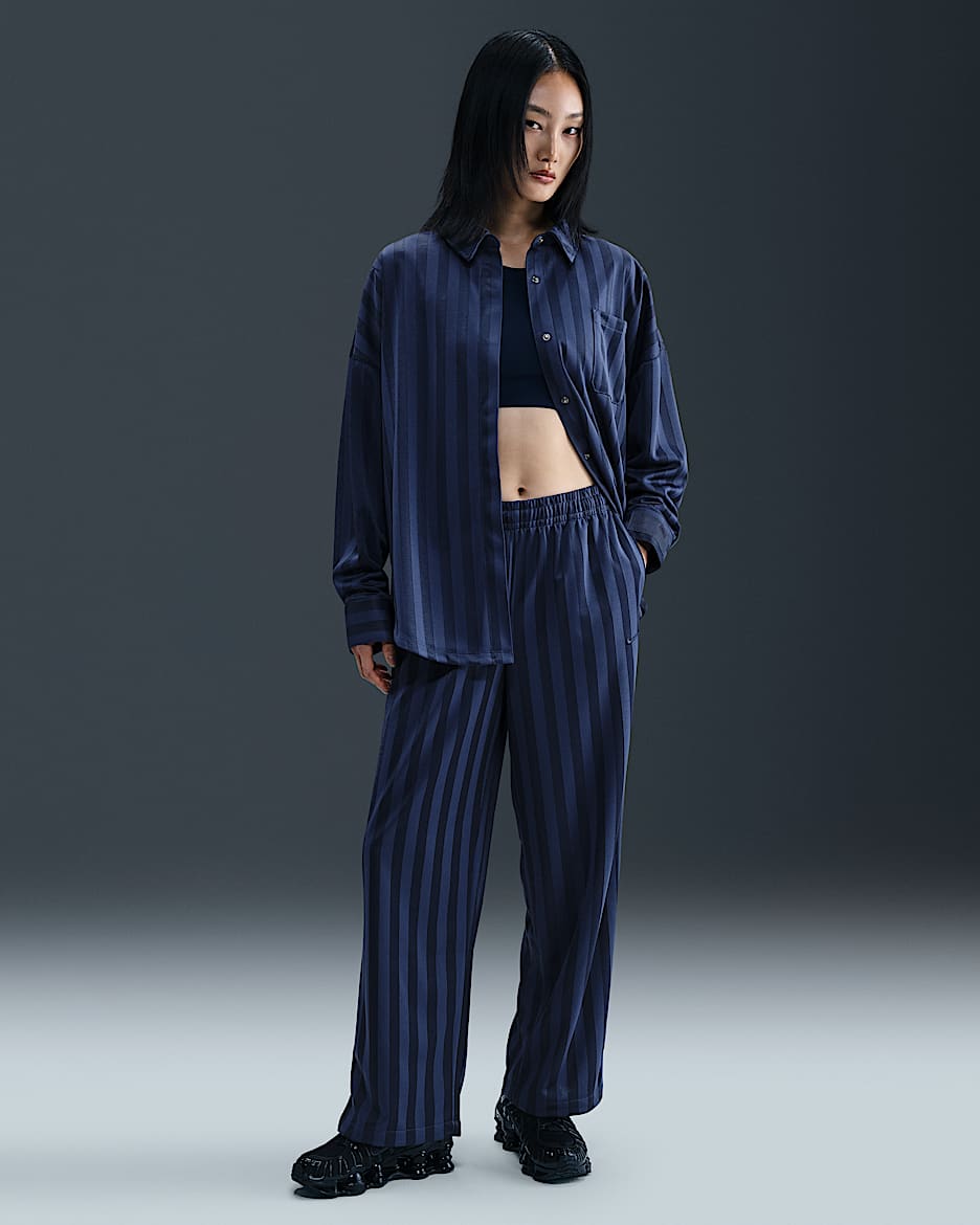 Nike Sportswear 女子中腰宽松提花条纹运动裤 - 深藏青/黑曜石色