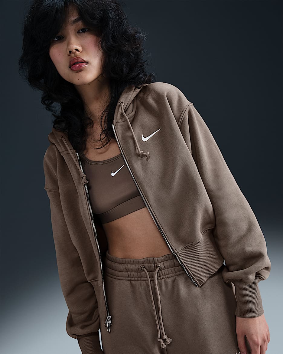 Nike Sportswear Phoenix Fleece 女子宽松短款全长拉链开襟加绒连帽衫 - 貂棕/帆白