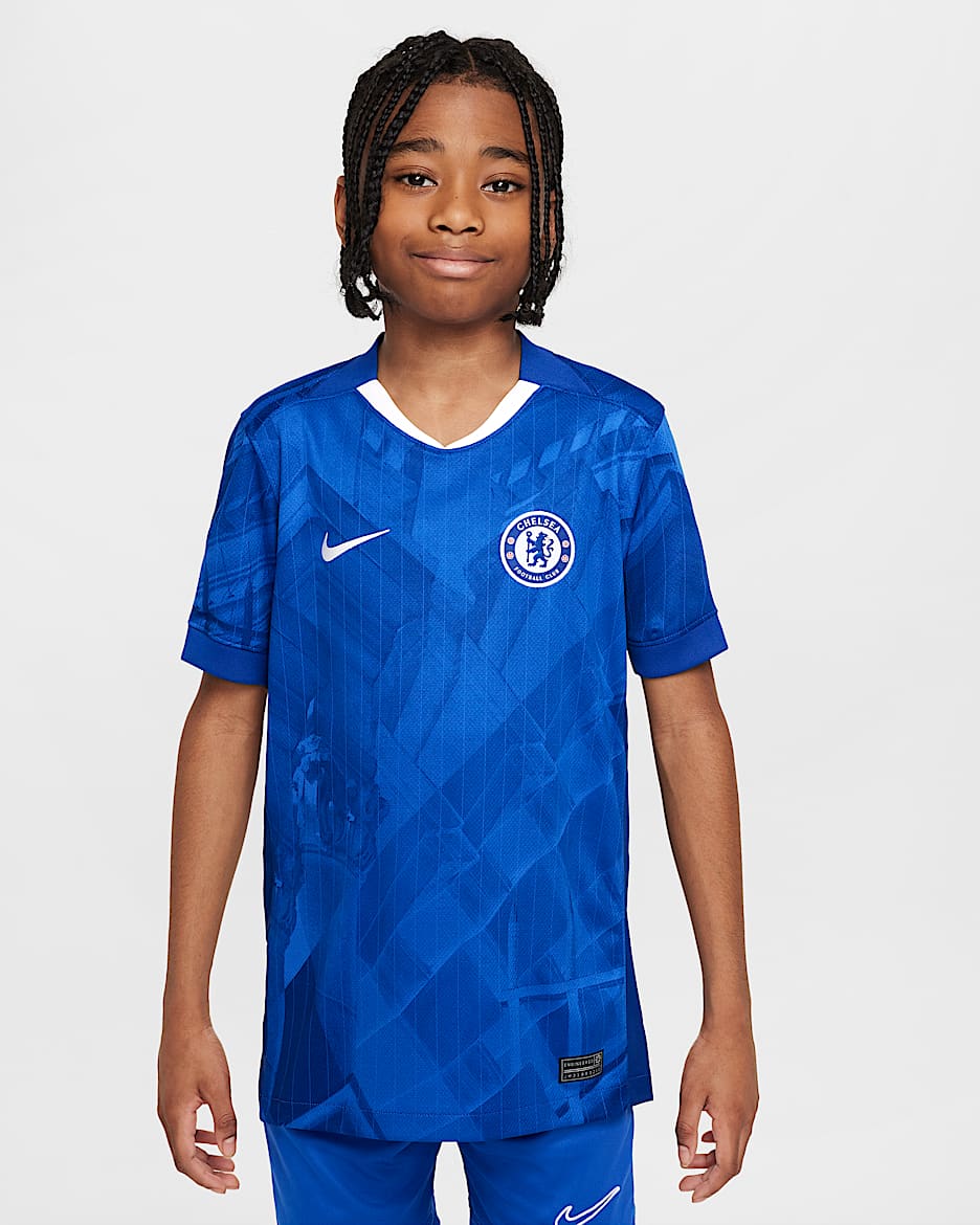 2025/26 赛季切尔西主场球迷版 Nike Dri-FIT 大童速干足球球衣 - 灯草蓝/白色/速度红/白色