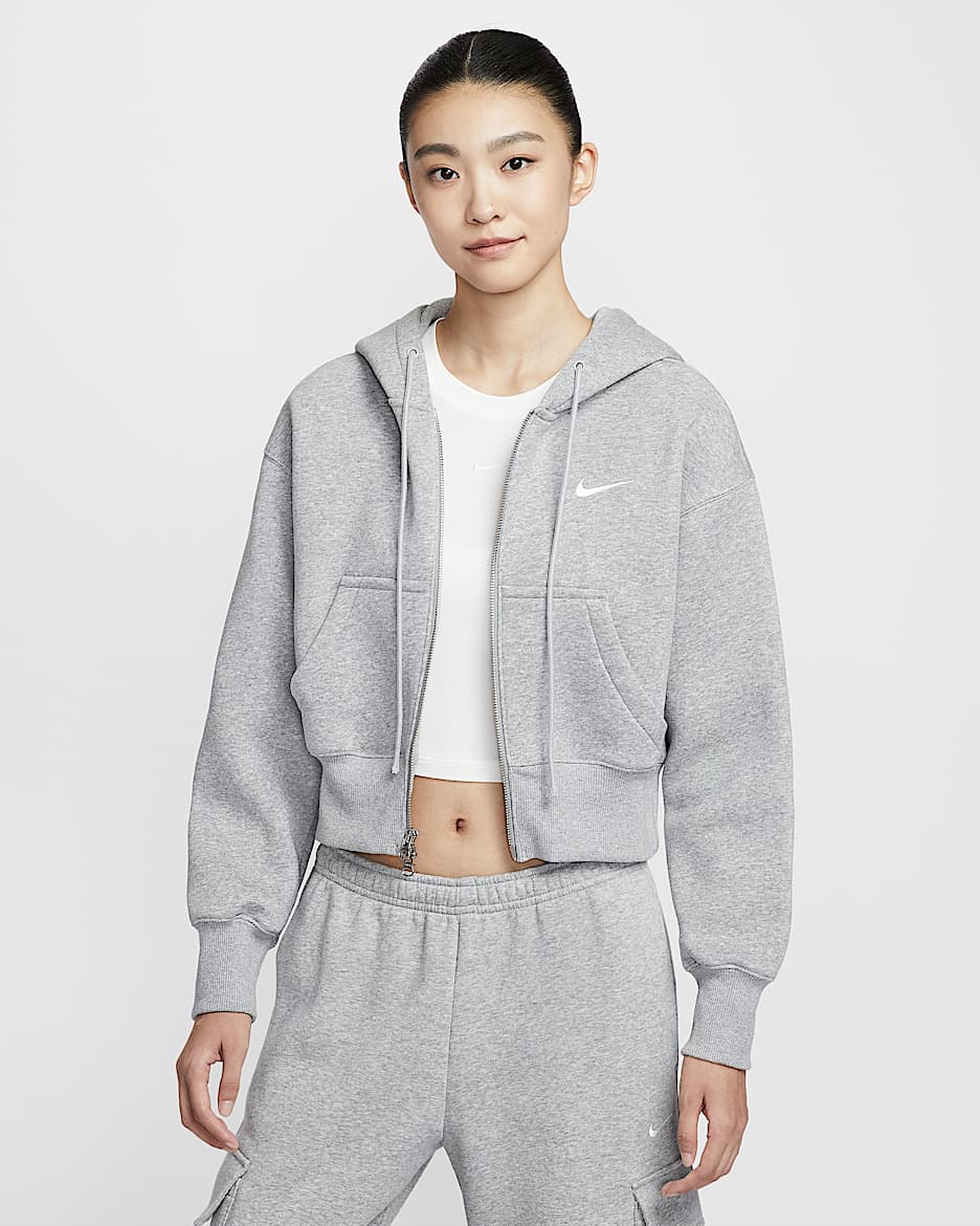 Nike Sportswear Phoenix Fleece 女子宽松全长拉链开襟短款加绒连帽衫 - 调色暗灰/帆白