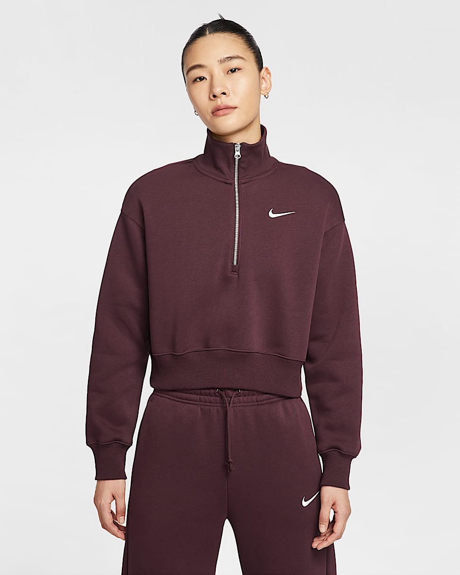 Nike Sportswear Phoenix Fleece 女子 Oversize 风半长拉链开襟短款加绒运动衫 - 鲜亮勃艮第酒红/帆白