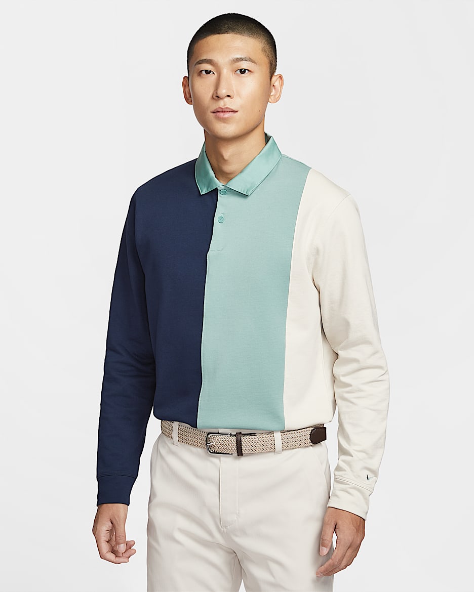 Nike Velocity 男子长袖高尔夫翻领T恤 - 黑曜石色/加农绿/浅土褐/加农绿