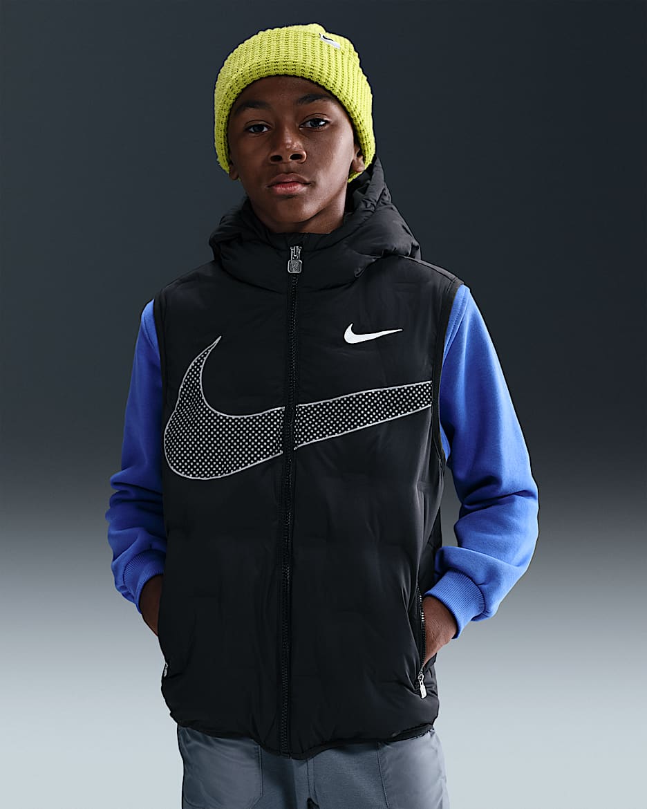 Nike Swoosh 大童拒水羽绒连帽马甲 - 黑