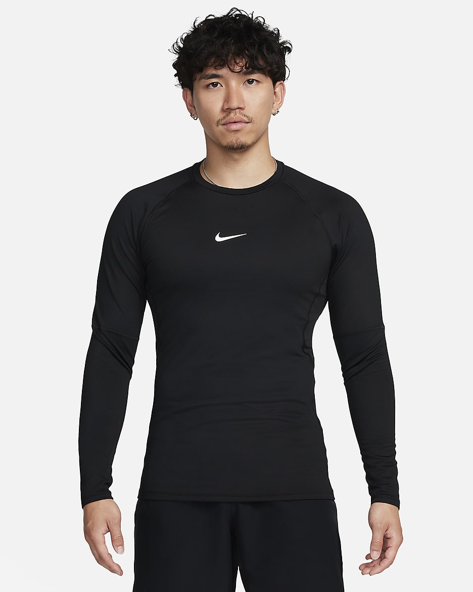 Nike Pro Warm 男子薄绒拼接速干长袖训练上衣 - 黑/白色