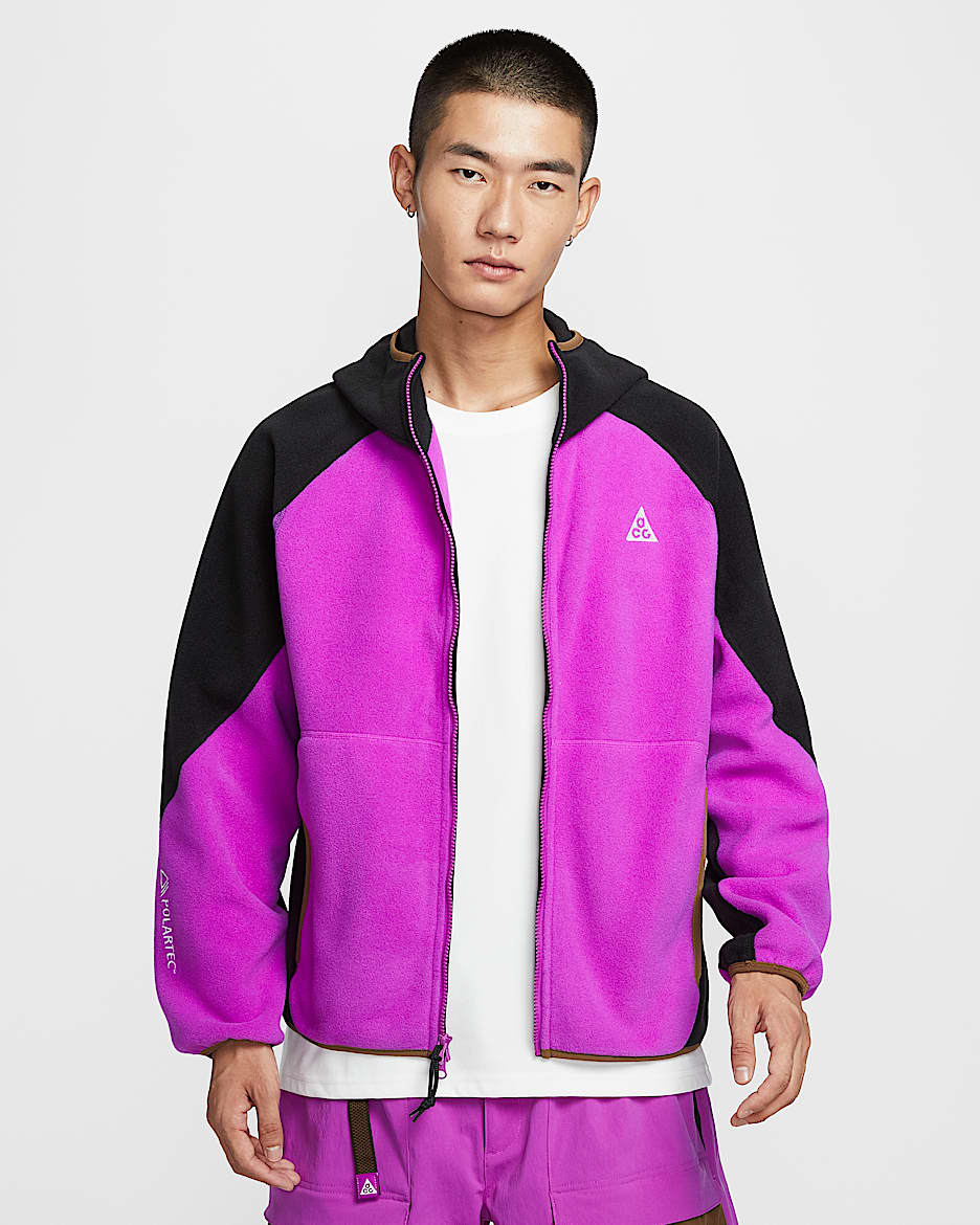 Nike ACG "Wolf Tree" 男子摇粒绒全长拉链开襟连帽衫 - 明亮紫/黑/苔木棕色/山峰白