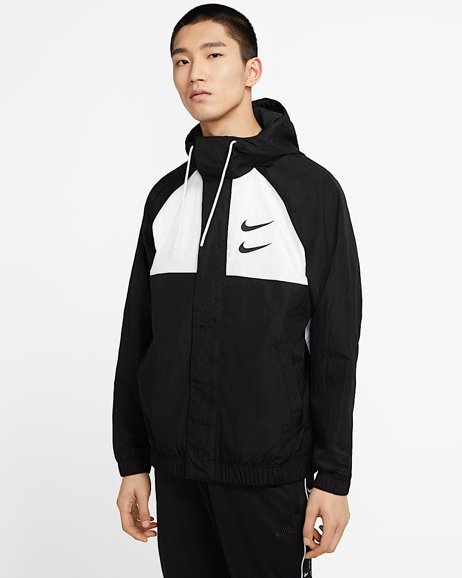 Nike Sportswear Swoosh 男子梭织连帽夹克 - 黑/白色/微粒灰/黑